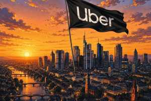 Frankfurt in Uber Hand: Laut Pressemitteilung des Plattformbetreibers werde mit Uber-Hilfe die Wettbewerbsfähigkeit des Taxis in Frankfurt deutlich gestärkt. Bild: taxi heute Redaktion / KI