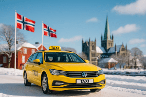 Symbolbild: Norwegisches Taxi im winterlichen Trondheim mit wehenden Landesflaggen vor der Nidaros-Kathedrale im Hintergrund. (Bild: KI-generiert)