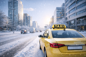 Symbolbild: Taxi bei Sonnenaufgang in winterlicher Stadt. Foto: KI-generiert.