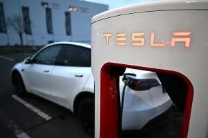Ein Auto steht an den Säulen einer Tesla-Ladestation. Tech-Milliardär und Tesla-Chef Musk fällt auf - auch mit politischer Unterstützung für Rechtspopulisten. In manchen Chefetagen werden Konsequenzen gezogen und auf Dienstwagen von Tesla verzichtet. (Foto: Federico Gambarini/dpa)