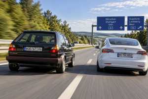 Bei Elektroautos steigt der Stromverbrauch mit zunehmender Geschwindigkeit deutlich, weshalb viele E-Auto-Fahrer das Tempo drosseln. Auch auf die Gefahr hin, von einem Golf GTI überholt zu werden...| Foto: taxi heute Redaktion/KI