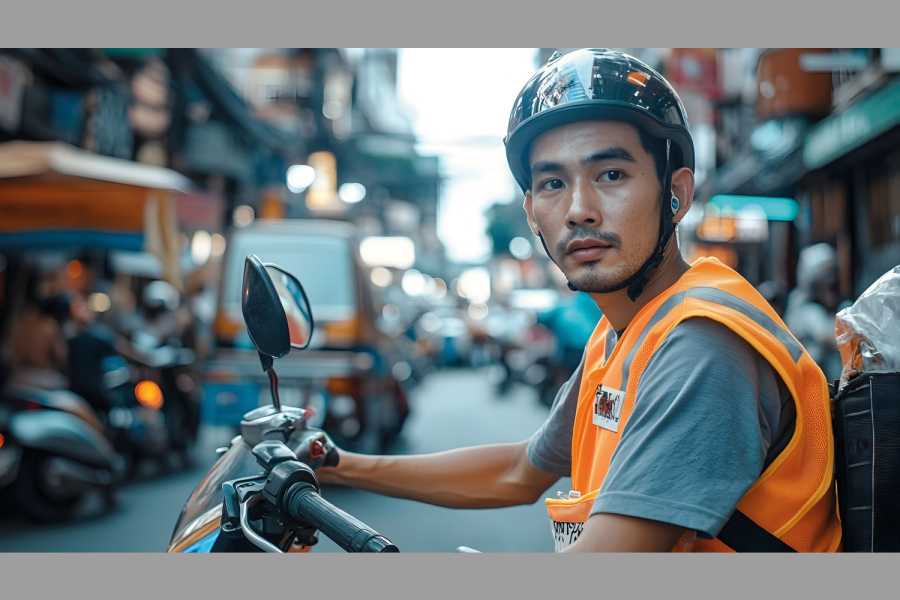 Ein Roller, ein Helm, ein Fahrausweis und die obligatorische Warnweste – mehr braucht es nicht, um Passagiere durch Bangkok zu fahren. Bild: Ratchadaporn/stock.adobe.com