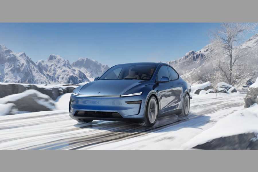 In China fährt das neue Model Y auch durch eine Winterlandschaft. LEDs im Cybertruck-Style. (Foto: Tesla)