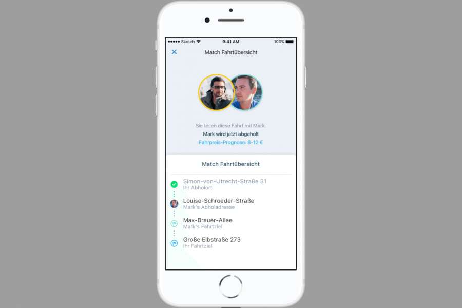Wie gewohnt, zeigt die App die einzelnen Schritte der gemeinsamen Taxifahrt gut nachvollziehbar an. (Foto: Intelligent Apps)
