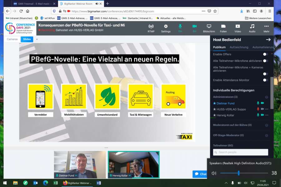 Von den fünf Schwerpunkten des Webinars wurden insbesondere die Mobilitätsdaten und die Neuregelungen für den Mietwagen-Verkehr stark beachtet. (Screenshot: Dietmar Fund)