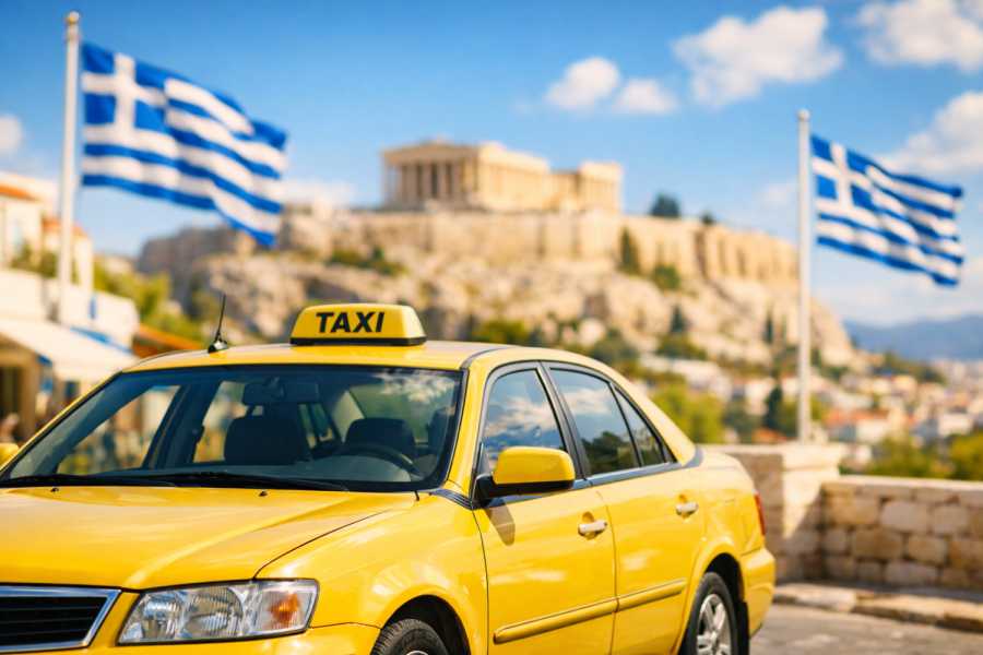Symbolbild: Taxi in Griechenland vor der Akropolis im Hintergund mit wehenden griechischen Flaggen an einem sonnigen Tag. (Bild: KI-generiert)