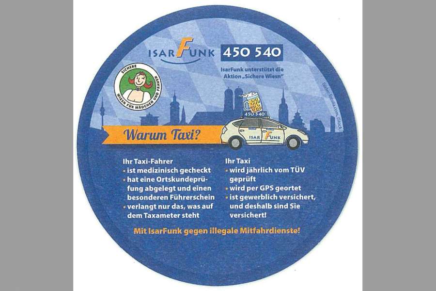 Mit solchen Bierfilzen informiert IsarFunk über die Vorzüge richtiger Taxis. (Abb.: IsarFunk)