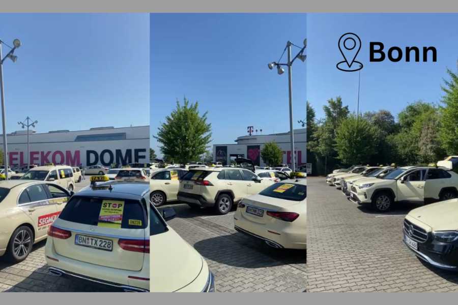 Zahlreiche Taxis versammelten sich am Telekom Dome in Bonn zum Start des Protestkorsos gegen ungleiche Wettbewerbsbedingungen. | Bildmontage: Screenshots aus einem Video von Fuat Cetin