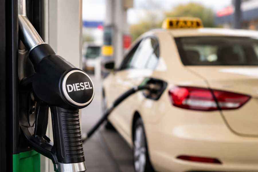 Bearbeiten Weitergeben  Symbolbild: Eine Diesel-Zapfpistole im Vordergrund und ein Taxi beim Tanken im Hintergrund verdeutlichen die steigenden Kraftstoffkosten für das Gewerbe. (Bild: KI-generiert).