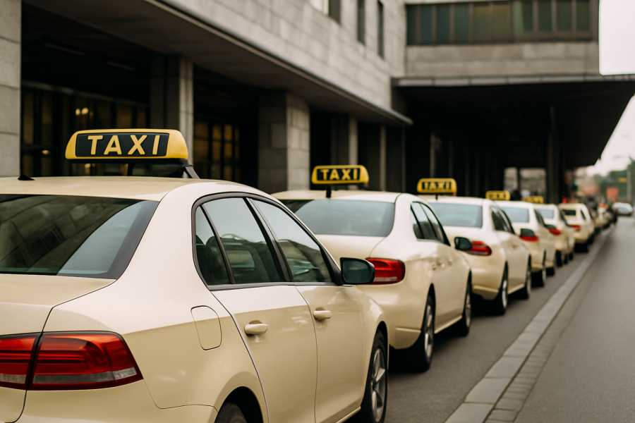 Symbolbild: Wartende Taxis in geordneter Reihung am Bahnhof – die Vergabe von Bahntaxi-Aufträgen wurde in München neu organisiert, um Missbrauch und Konflikte unter Fahrern einzudämmen. | Foto: KI-generiert