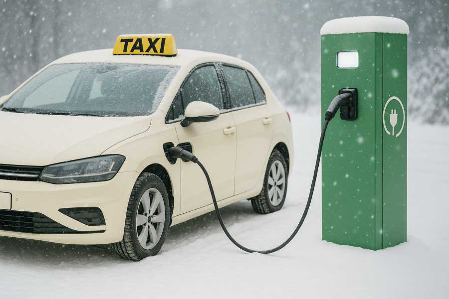 Symbolbild: Ein elektrisch betriebenes Taxi lädt an einer verschneiten Ladestation – niedrige Temperaturen beeinflussen im Winter sowohl Reichweite als auch Ladeleistung. | Foto: KI-generiert