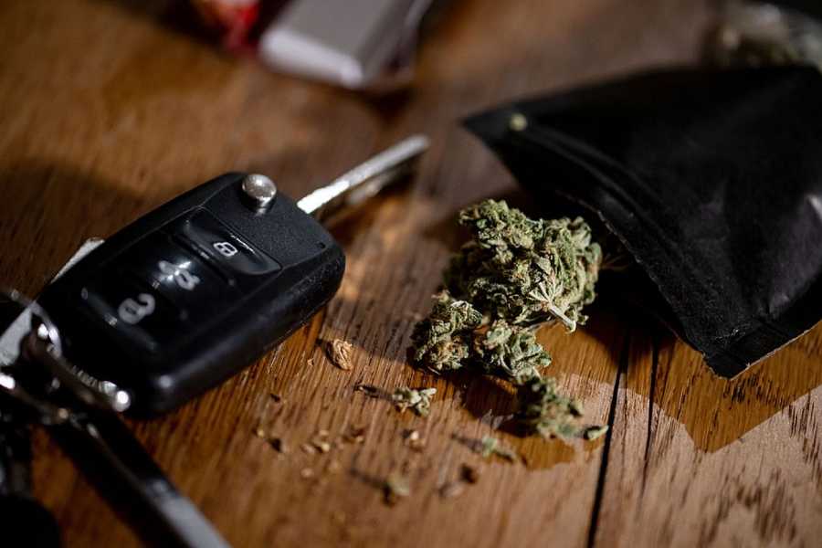 Cannabisblüten liegen auf einem Tisch neben einem Autoschlüssel. Jetzt gibt es neue Bestimmungen zu Cannabis am Steuer. (Foto: Fabian Sommer/dpa)