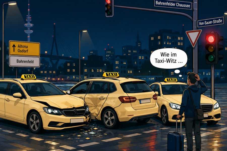 Symbolbild: Treffen sich drei Taxis in der Hamburger Nacht. Zum Glück ist kein Personenschaden entstanden.| Foto: KI-generiert