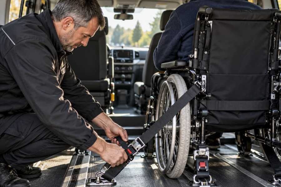 Die Sicherung eines Rollstuhls ist enorm wichtig - und trotzdem ist der im Rollstuhl-Sitzende bei weitem nicht so sicher, wie ein Fahrgast im Fond eines "normalen" Taxis.| Foto: KI-generiert