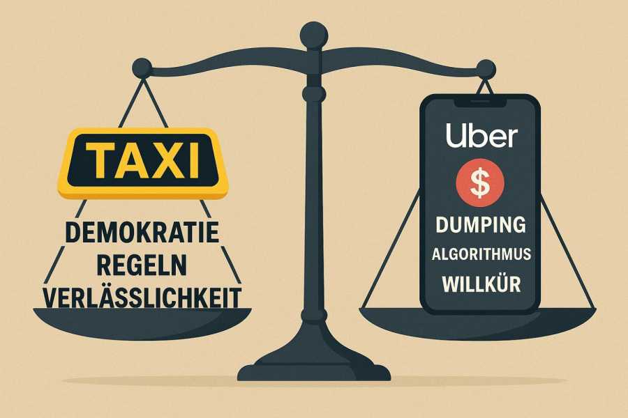 Sacha Waltemate stellt richtig: Das Taxi ist hält sich an Regeln und ist ein verlässlicher Partner - das Prinzip "Uber" fußt auf Lohndumping und Umgehung der Sozialabgaben.| Foto: KI generiert