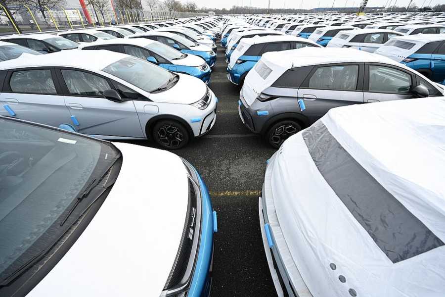 Zahlreiche Neuwagen des Modells Dolphin vom Autohersteller BYD stehen im BLG Auto Terminal Bremerhaven. (Foto: Lars Penning/dpa)