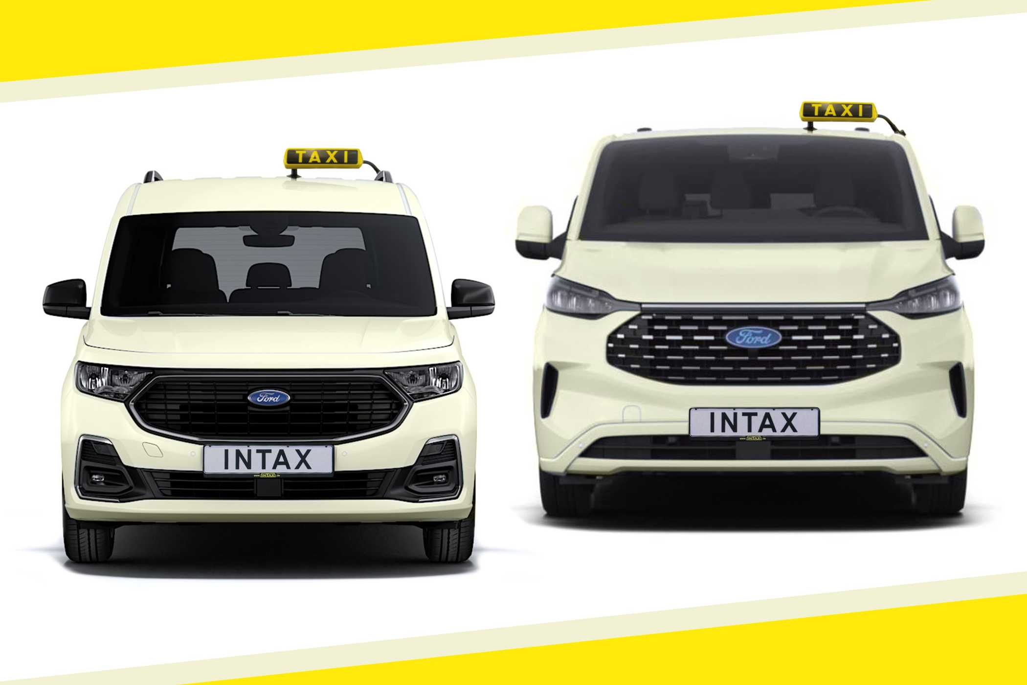Platz 4: Ford gibt Taxi-Pakete für zwei Transporter in Auftrag » https://www.taxi-heute.de/node/25326 | Bei INTAX geht die Entwicklung der Taxi-Pakete für die beiden Neulinge erst los. Daher gibt es bislang nur diese schnell grafisch aufgehübschten Motive in Hellelfenbein. (Foto: INTAX