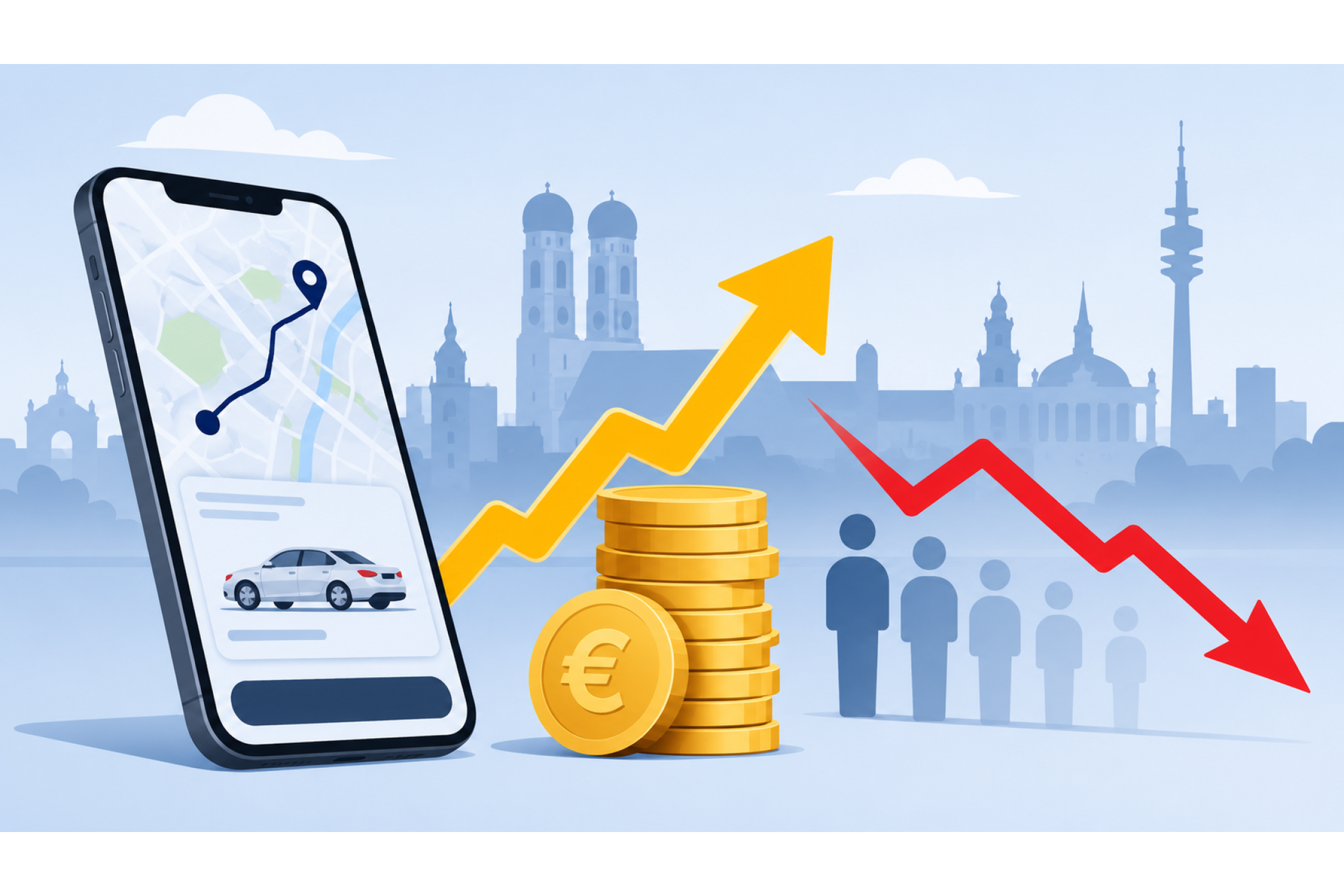 Platz 2: Uber und Bolt in München: Neue Mindestpreise landen vor Gericht » https://www.taxi-heute.de/node/31946 | Symbolbild: Für kurzfristig gebuchte Fahrten gelten in München je nach Strecke festgelegte Grund- und Kilometerpreise. | Foto: KI-generiert
