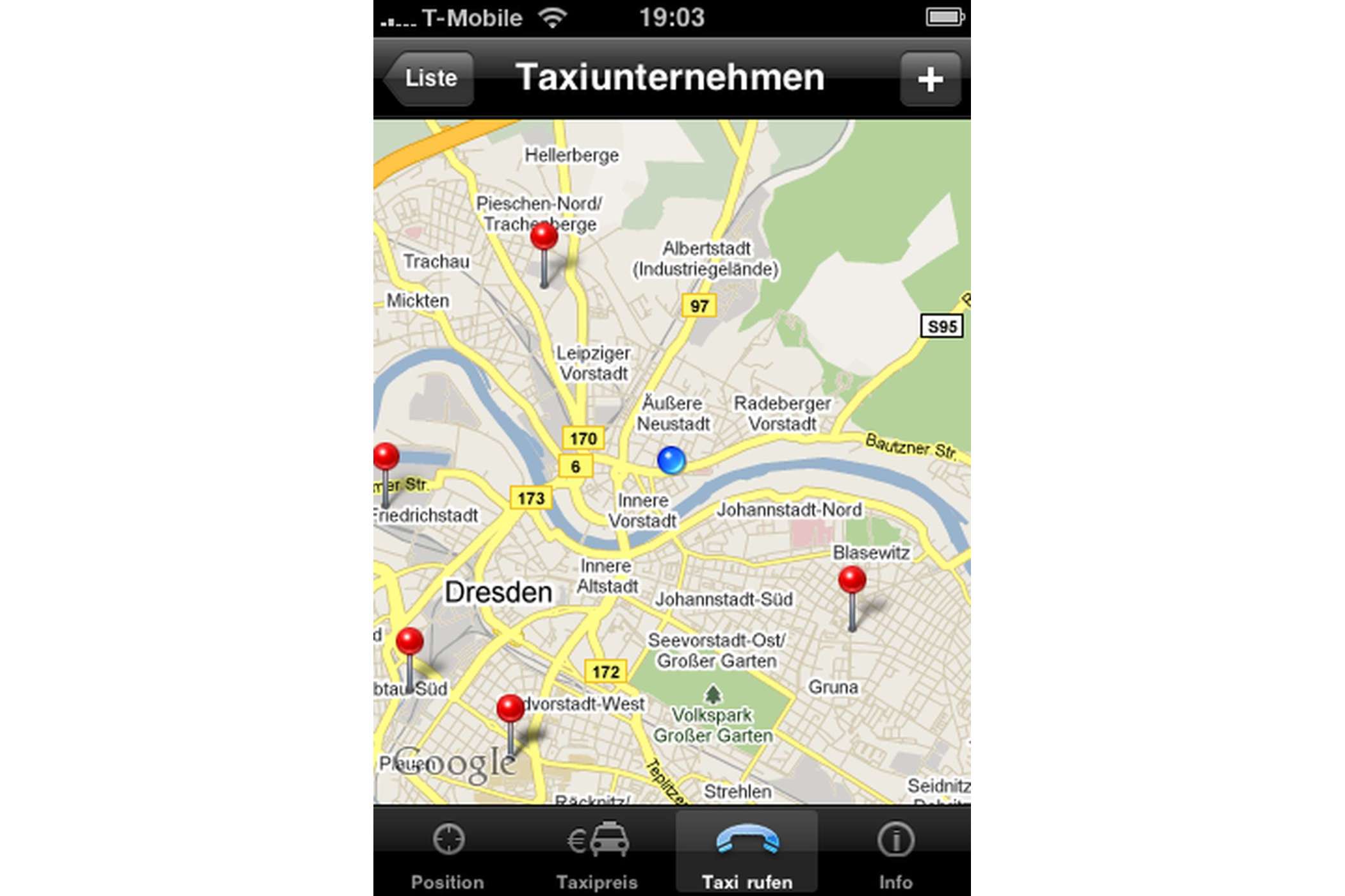 Das ganze auch als graphische Darstellung, allerdings mit dem Schwachpunkt, dass nicht der Standort des Taxis, sondern der Betriebssitz des Taxiunternehmens angezeigt wird. | jh