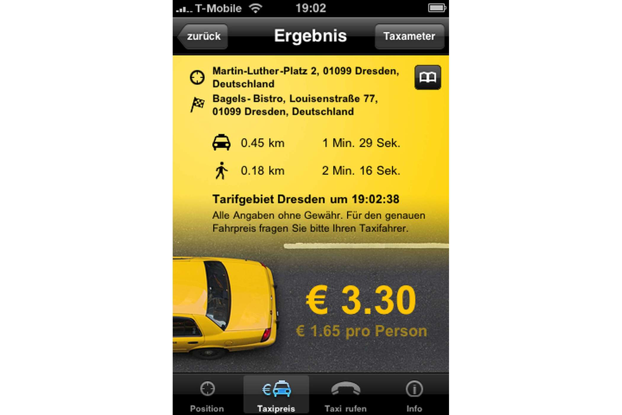 Fair Taxi berechnet einen Fahrpreis ohne Gewähr. | jh