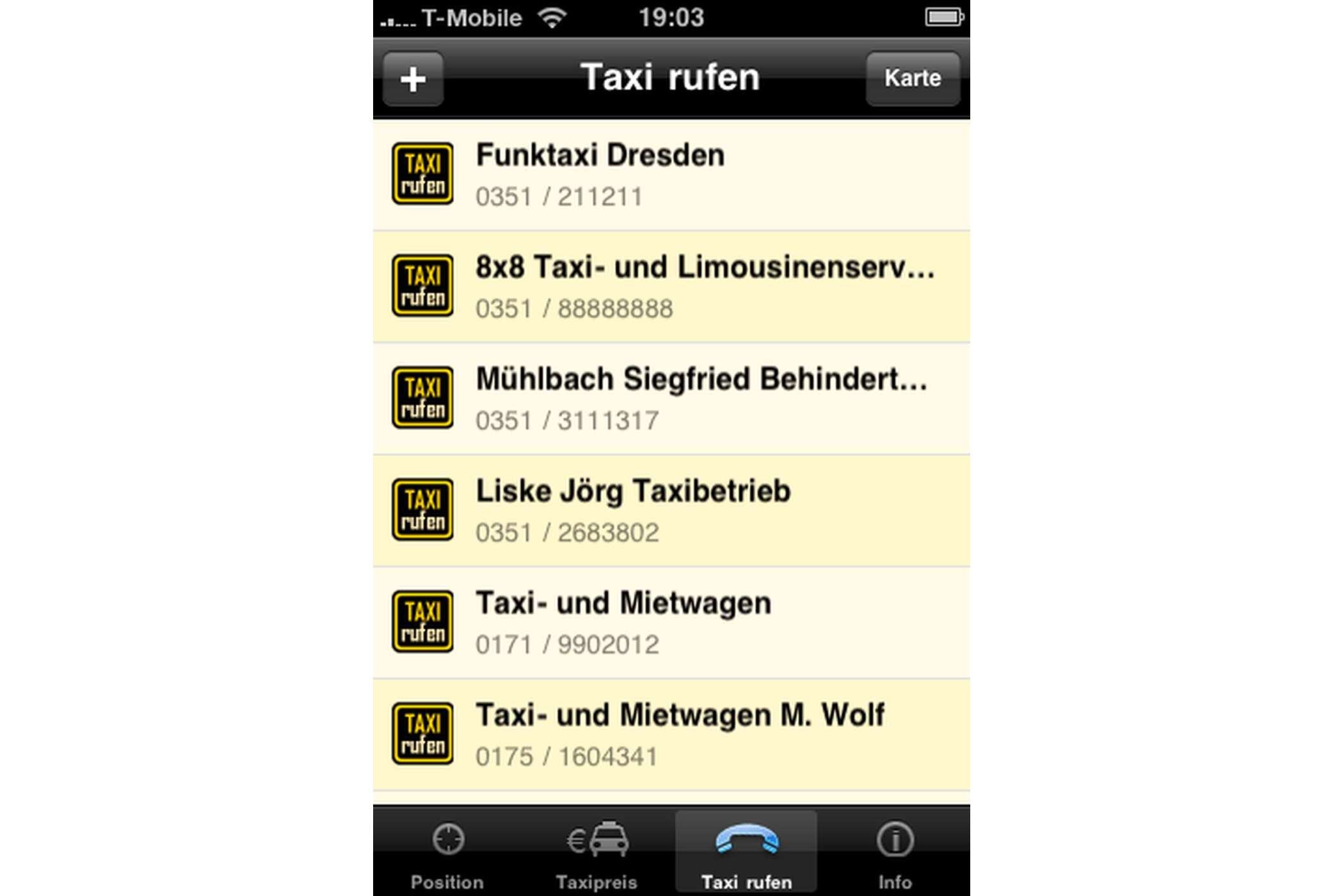 Für die Taxibestellung erscheint eine Auswahlliste, oben dran die Taxizentrale, danach die Auswahl an Taxiunternehmern | jh