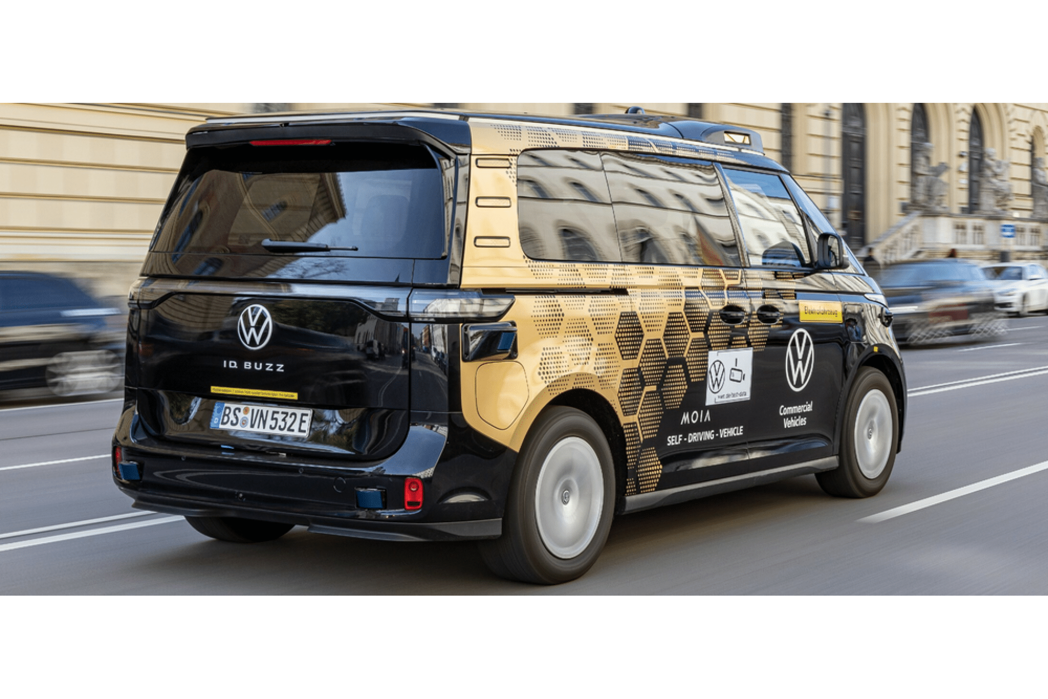 Platz 9: VW plant Testfahrten im fahrerlosen ID Buzz mit Fahrgästen » https://www.taxi-heute.de/node/25992 | Bereits in München unterwegs - der ID.BUZZ im Moia-Dress .| Foto: Mobileye