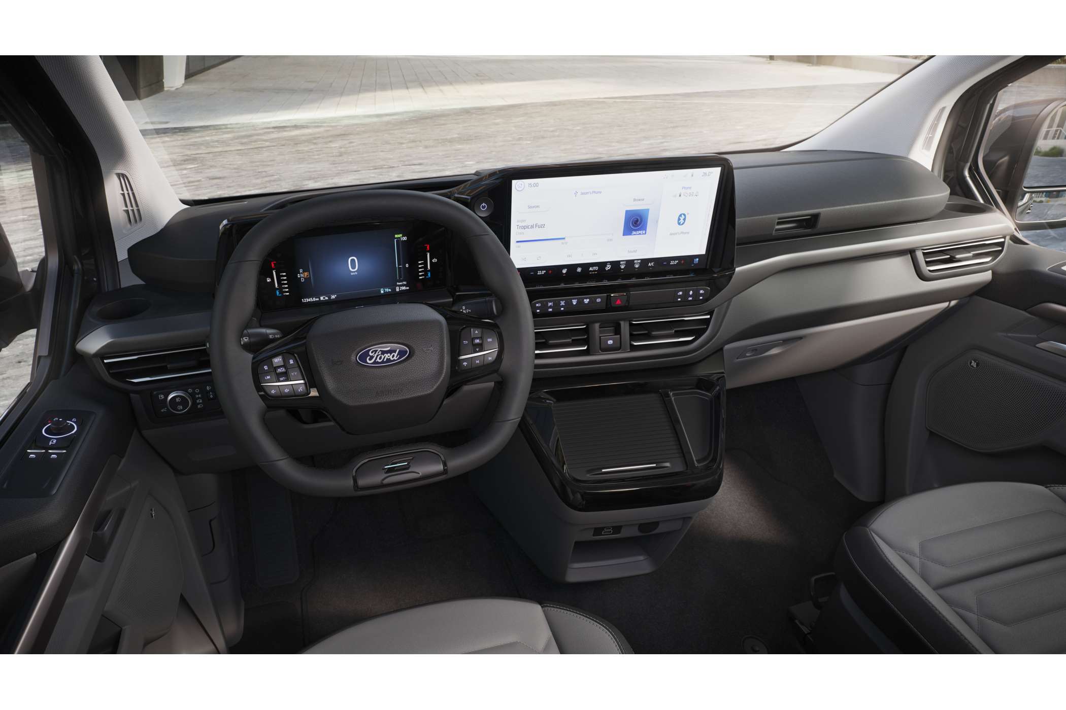 Das Cockpit-Foto zeigt, dass der Automatik-Wählhebel hinter das Lenkrad gewandert ist und dass es sowohl richtig griffige Lenkradtasten als auch ein Rädchen zur Einstellung der Lichtfunktionen gibt. (Foto: Ford)