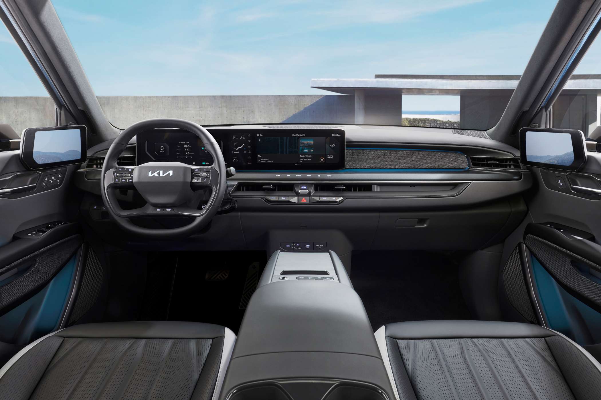 So sieht der Arbeitsplatz im Kia EV9 aus. (Foto: Kia)