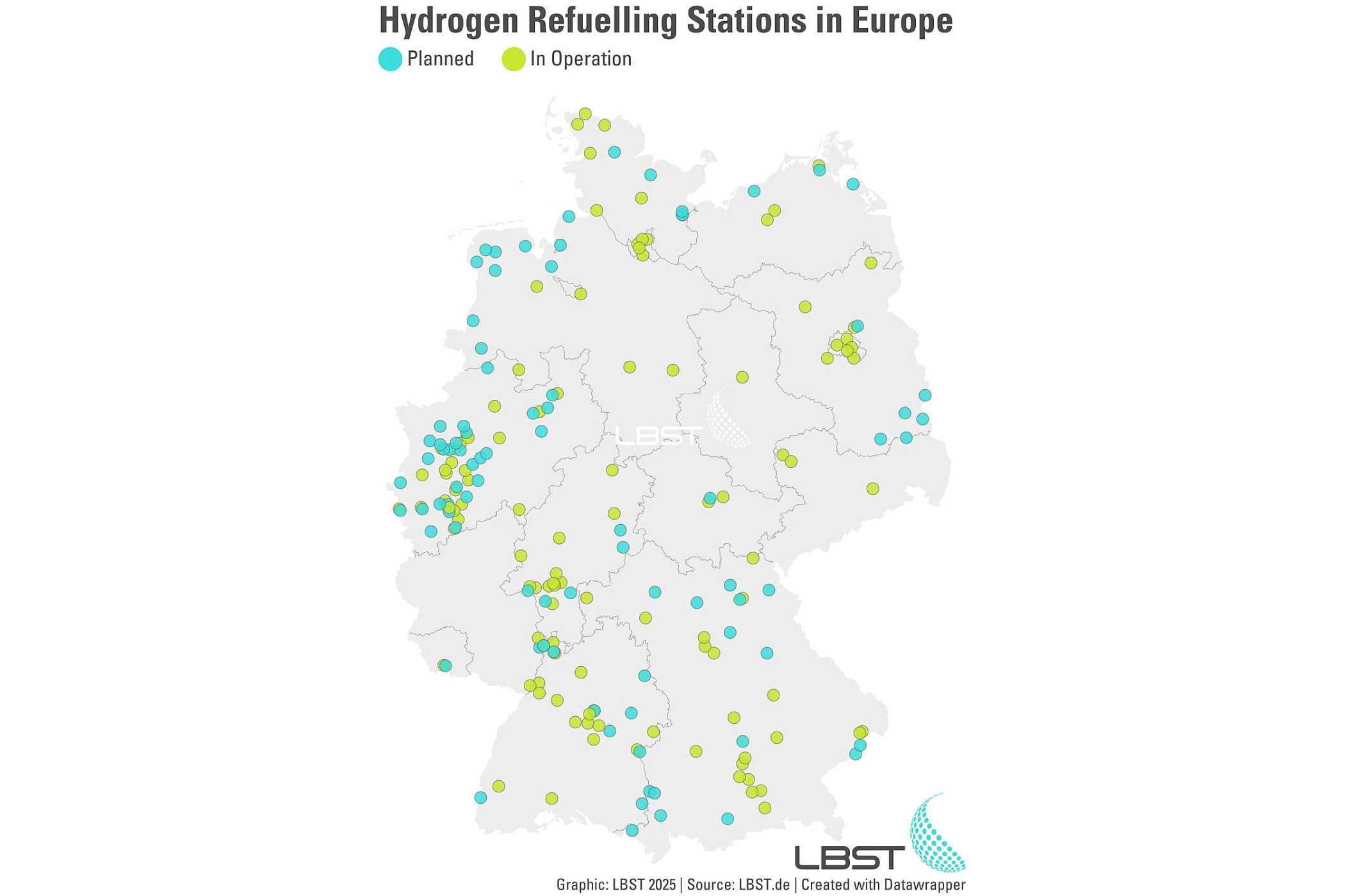 The overview of hydrogen refueling stations in Germany. Here you will find the most hydrogen refueling stations in Europe. (Graphic: H2stations.org by LBST)