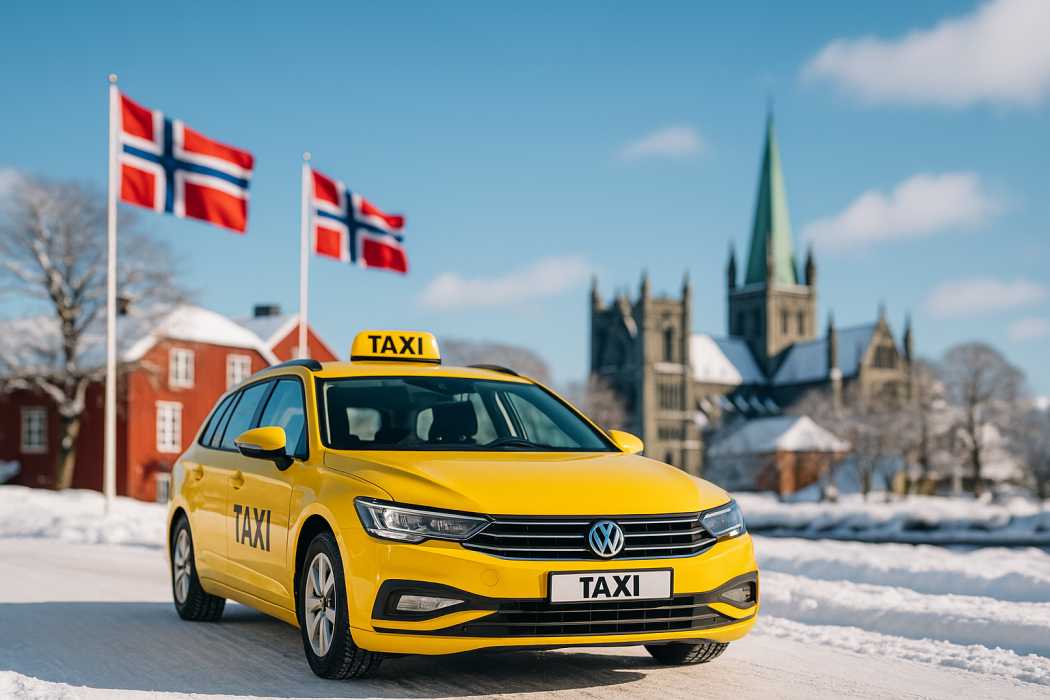 Symbolbild: Norwegisches Taxi im winterlichen Trondheim mit wehenden Landesflaggen vor der Nidaros-Kathedrale im Hintergrund. (Bild: KI-generiert)