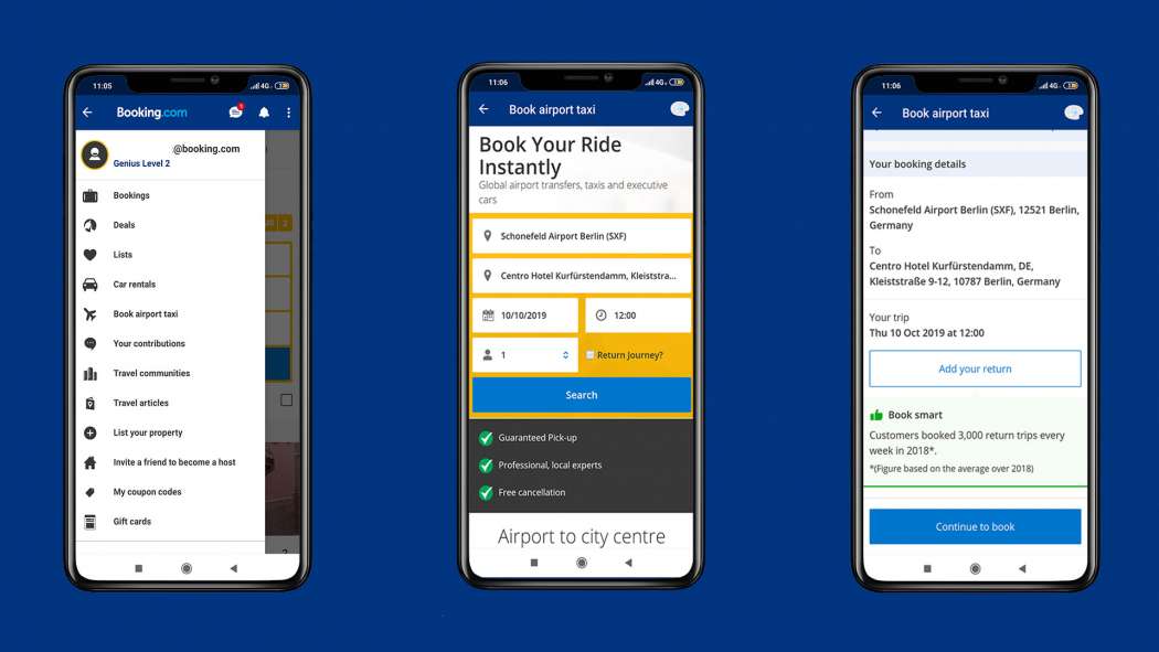 Die Buchungsplattform Booking.com möchte Flughafentaxis vor allem über ihre App leicht buchbar machen. (Abb.: Booking.com)