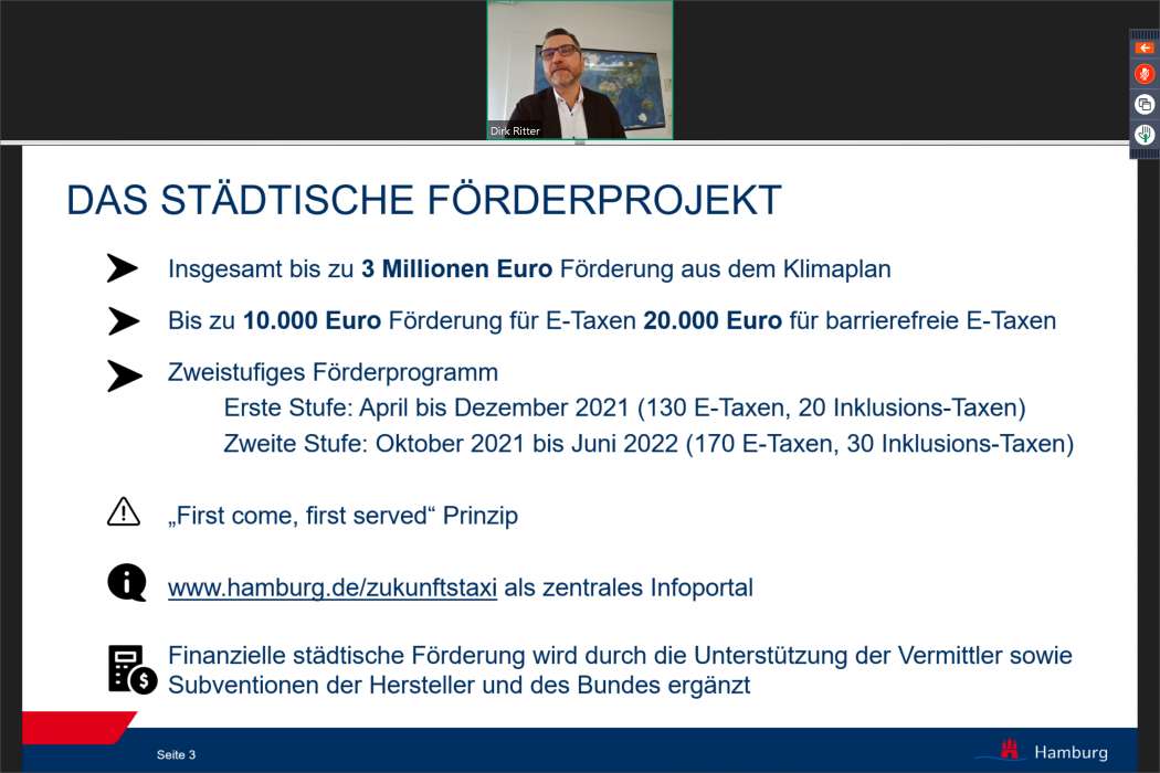 Projektleiter Dirk Ritter schilderte die Hamburger Förderung für Elektrotaxis und elektrisch angetriebene Inklusionstaxis, über die seine Behörde auf einer zentralen Homepage informiert. (Screenshot: Dietmar Fund)