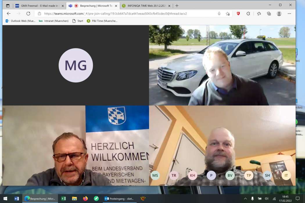 Christian Linz (u.l.) hielt das Webinar auf Einladung von Uwe Wieland (o.r.), dem Vorsitzenden der Pastoralen Taxi-Erfa-Gruppe, und seinem Stellvertreter Markus Schmid (u.r.). (Screenshot: Dietmar Fund)