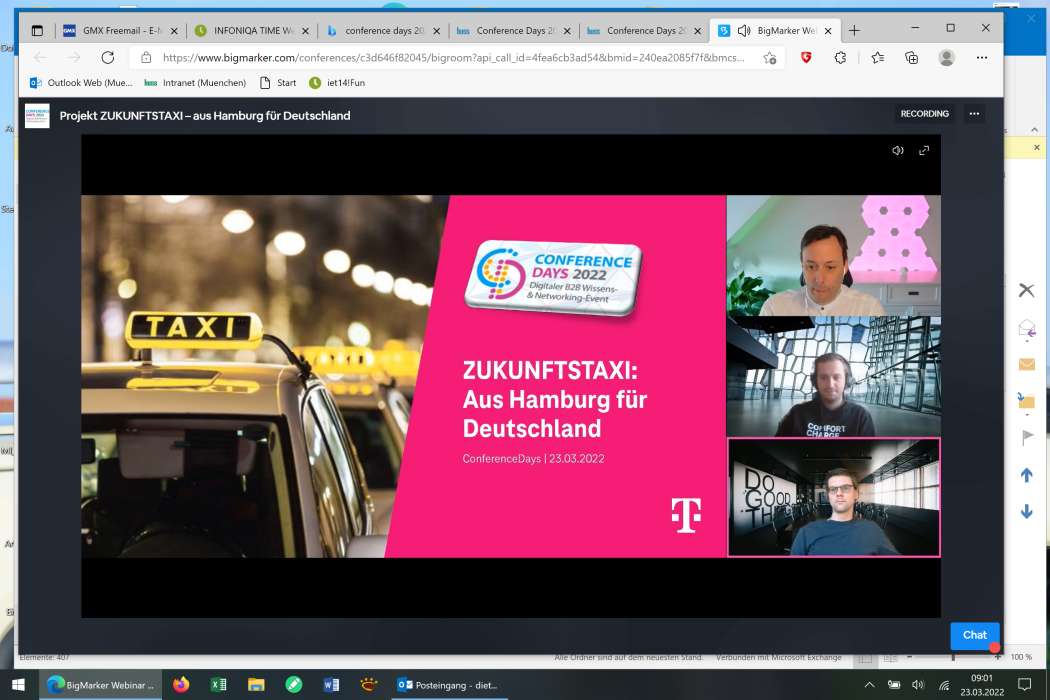 Christian Meyer, Taxi-Spezialist der Telekom (o.), moderierte die Online-Veranstaltung. Phillip Balkenhol (Mitte) fiel leider aus dem System, während Hannes Jäschke selbst über Ladekonditionen und die Lade-App berichten konnte. (Screenshot: Dietmar Fund)