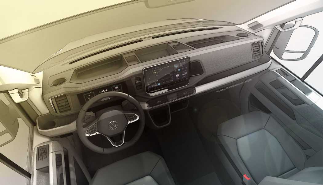Wie MAN zeigt auch Volkswagen Nutzfahrzeuge nur eine Darstellung des neuen Cockpits und verrät noch nichts über äußerliche Merkmale der neuen Crafter-Generation. (Foto: Volkswagen)