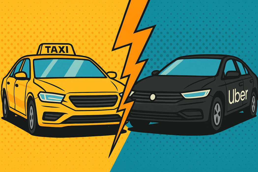 Stock image: Competition on the street – the traditional taxi and an Uber vehicle face each other, separated by a bolt of lightning as a symbol of the conflict between the two industries. | Photo: AI-generated