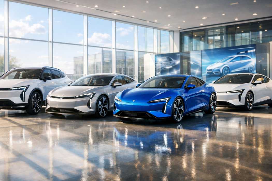 Stok fotoğrafı: Modern bir showroomda bulunan farklı araç sınıflarından yeni elektrikli arabalar, 2026'ya yönelik otomobil trendlerinin model çeşitliliğini ve yenilik gücünü simgelemektedir. Görüntü: Yapay zeka tarafından üretilmiştir.