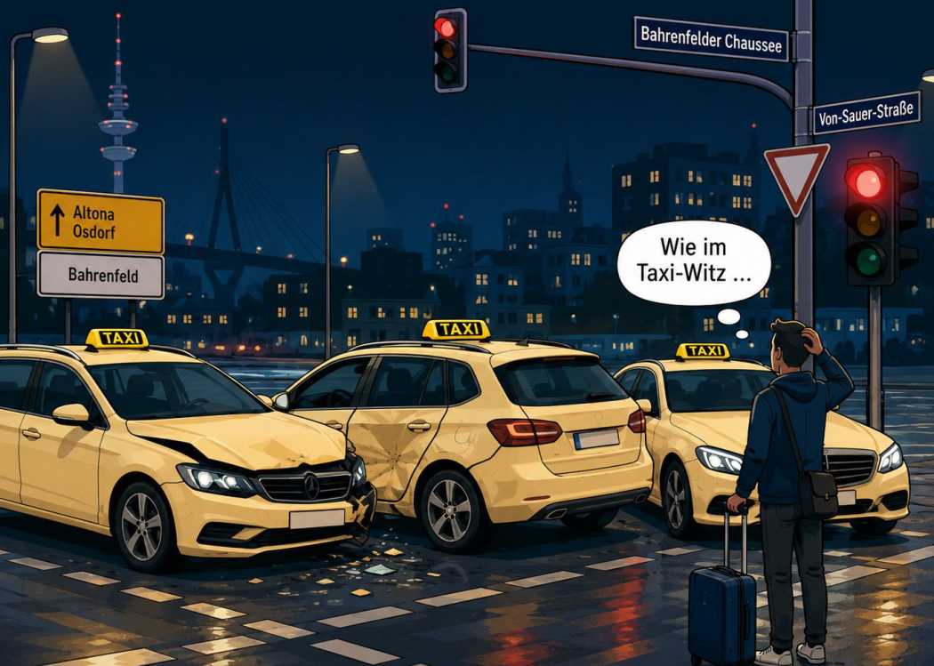 Symbolbild: Treffen sich drei Taxis in der Hamburger Nacht. Zum Glück ist kein Personenschaden entstanden.| Foto: KI-generiert