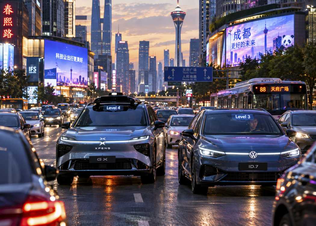 Xpeng testet Level 4 (Fahren ohne Sicherheitsfahrer), Volkswagen sammelt Daten für das bedingt automatisierten Fahren nach Level 3.| Foto: Taxi heute Redaktion/KI