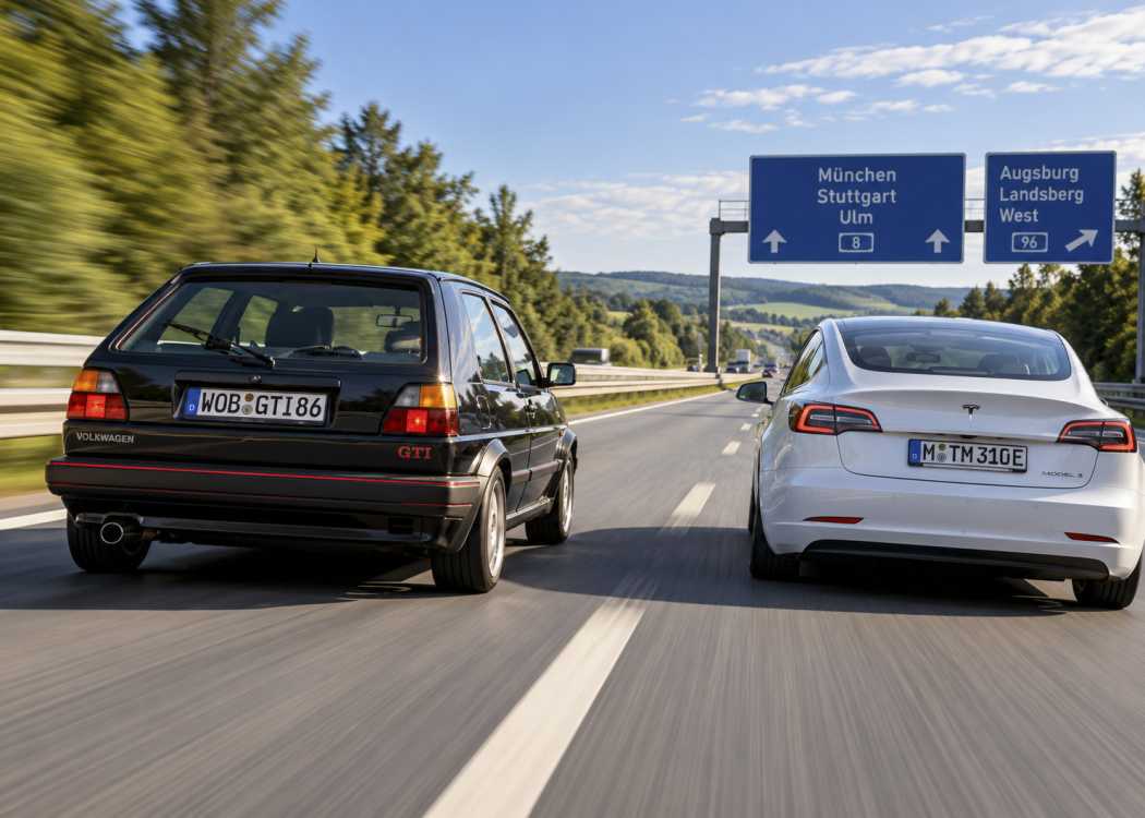 Elektrikli otomobillerde enerji tüketimi, hız arttıkça belirgin şekilde artıyor, bu yüzden birçok elektrikli araç sürücüsü hızını düşürüyor. Golf GTI tarafından geçilme tehlikesine rağmen...| Fotoğraf: taxi heute redaksiyonu/Yapay Zeka