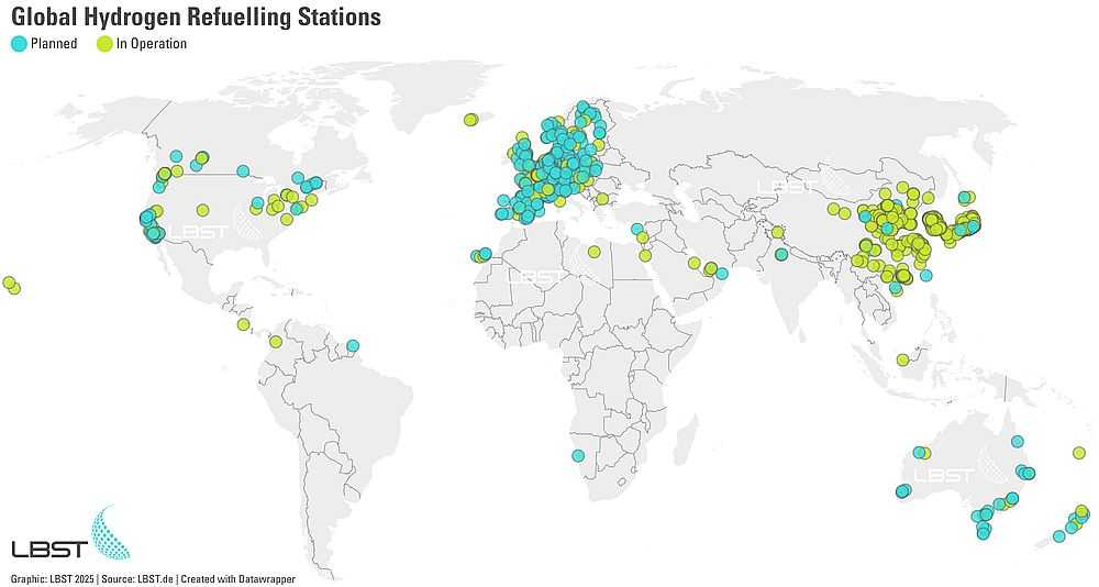 Milestone reached: Over 1,000 hydrogen refueling stations worldwide in operation by 2024. (Graphic: H2stations.org by LBST)