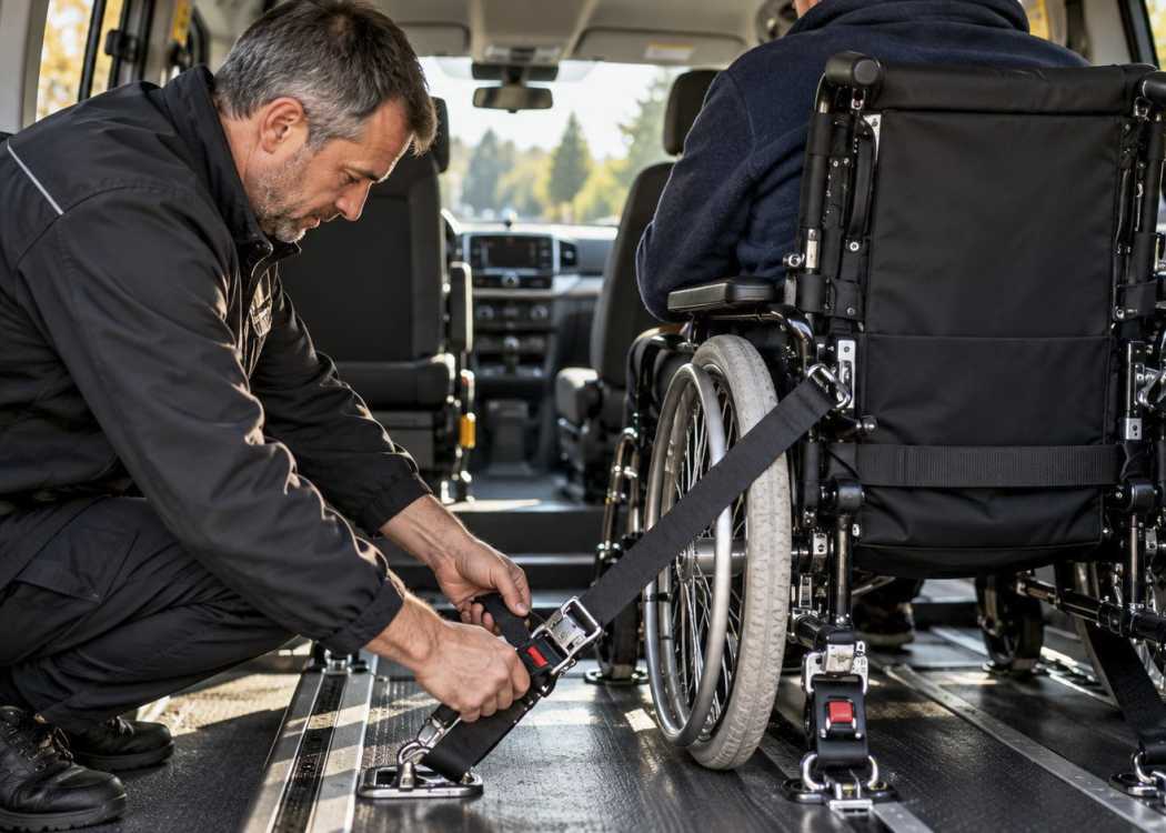 Die Sicherung eines Rollstuhls ist enorm wichtig - und trotzdem ist der im Rollstuhl-Sitzende bei weitem nicht so sicher, wie ein Fahrgast im Fond eines "normalen" Taxis.| Foto: KI-generiert