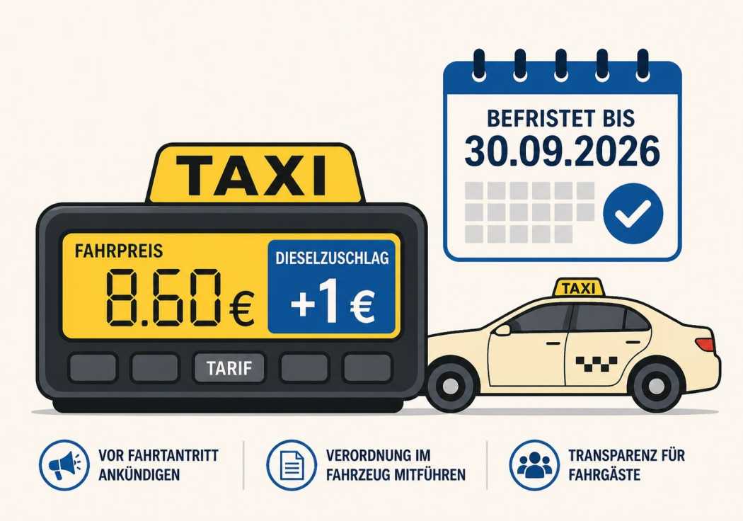 The regulation does not permanently supplement the existing tariff, but adds a temporary surcharge to it: one euro per ride, valid until September 30, 2026.| Photo: taxi heute Redaktion / AI