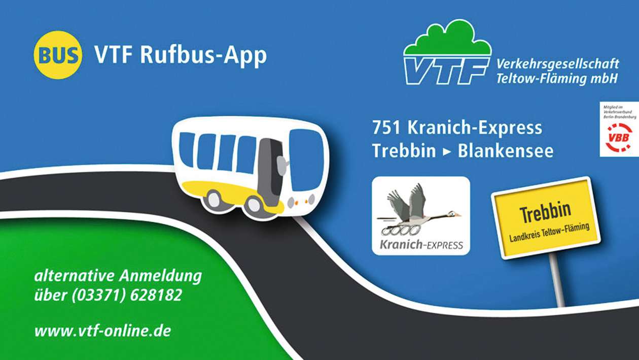 Die Linienkonzession hat die Verkehrsgesellschaft Teltow-Fläming (VTF), die den Rufbus auch bewirbt. Bild: VTF