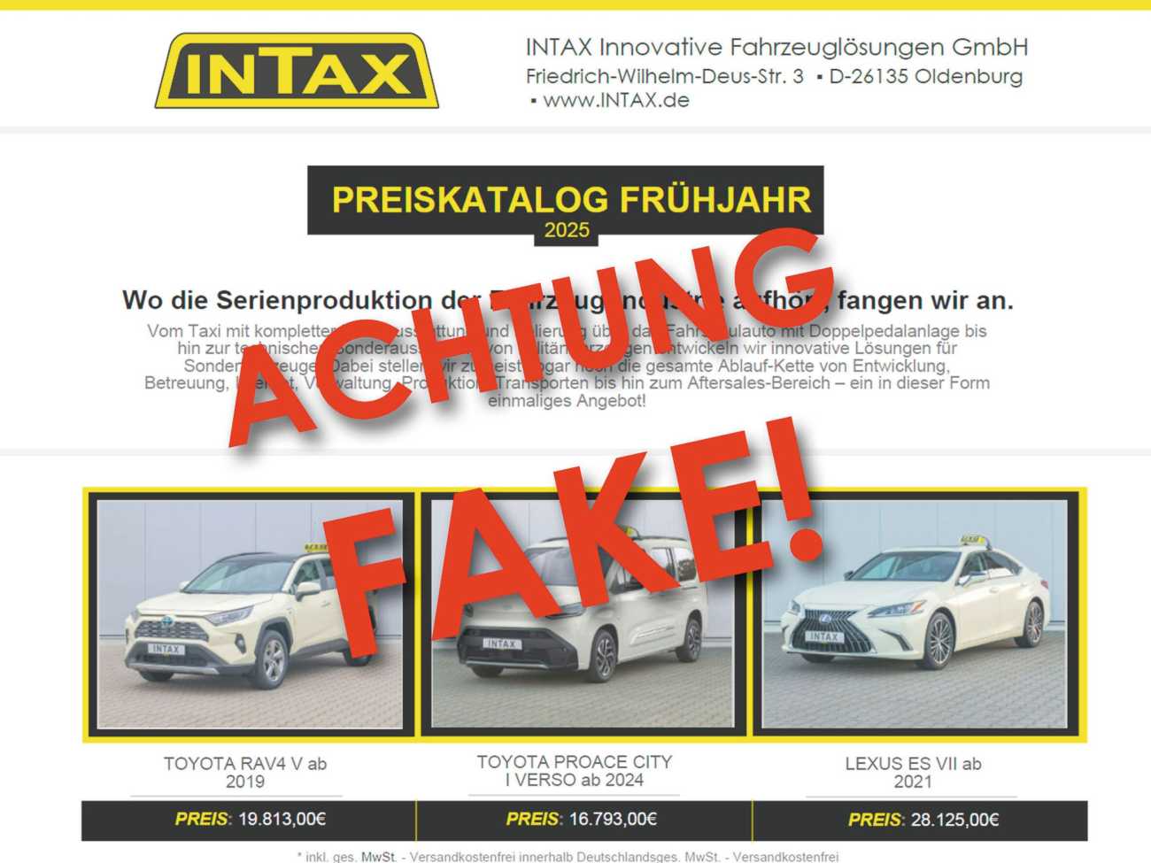 Vorsicht, gefälschtes Angebotsschreiben im Umlauf! Bild: Intax