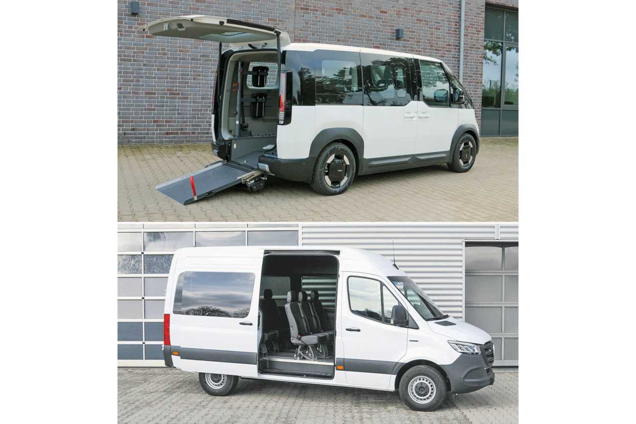 E-Mobilität und inklusive Personenbeförderung – AMF Bruns zeigt den ersten Kia PV5 mit Heckrampe (oben) und den eSprinter mit flexibler Bestuhlung (unten). Bild: AMF Bruns